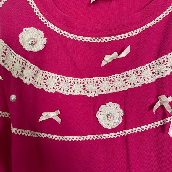 VTG 80s Roman Art Done By Hand Pink Bow Crochet T-Shirt One Size Fits All USA T5 - Picture 2 of 9